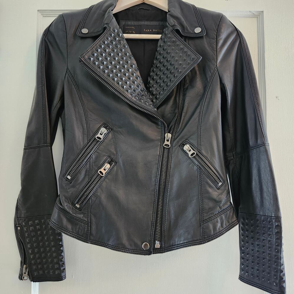 Zara Black Studded Leather Moto Jacket